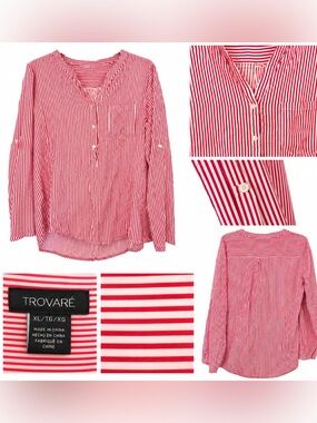 🎬 Trovaré Red White Striped Blouse XL Roll Tab Sleeve Hi Low Tunic Top
